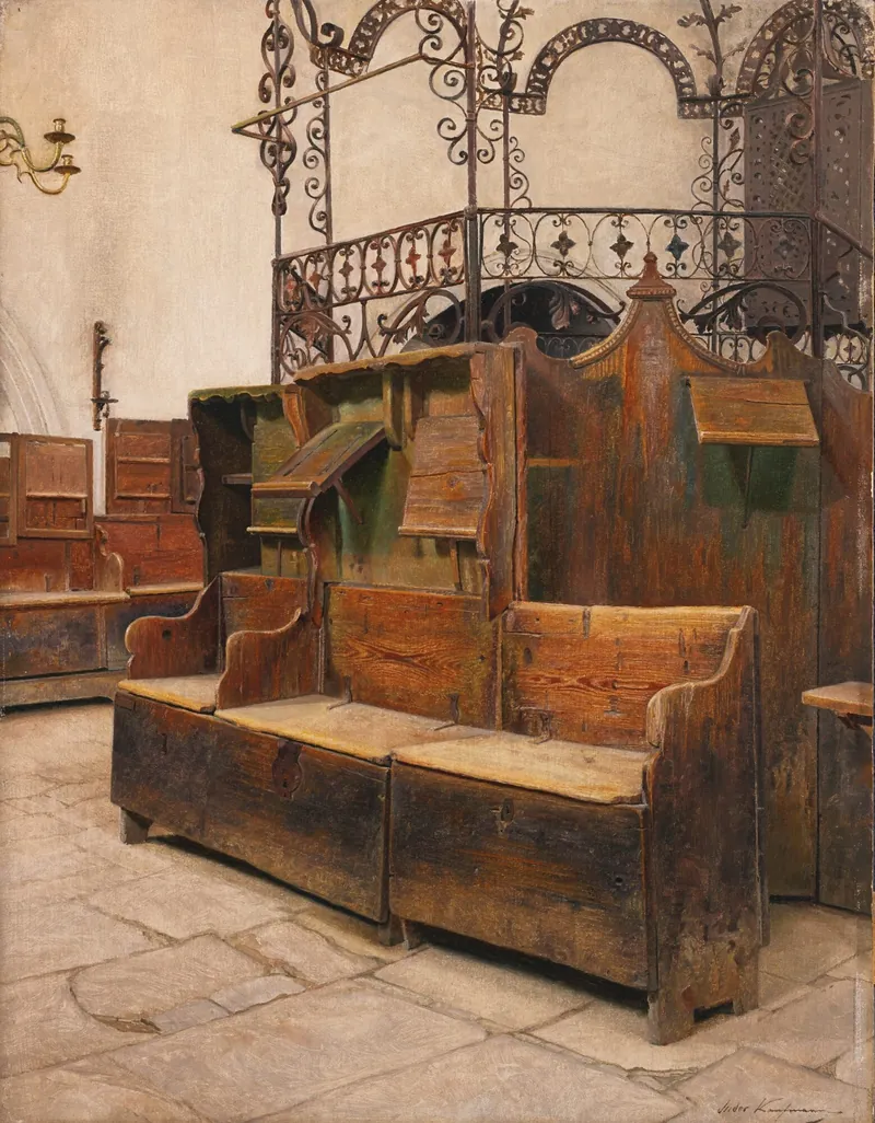 The iron bimah and the old benches in the Shach shul, painted by Isidor Kaufmann
